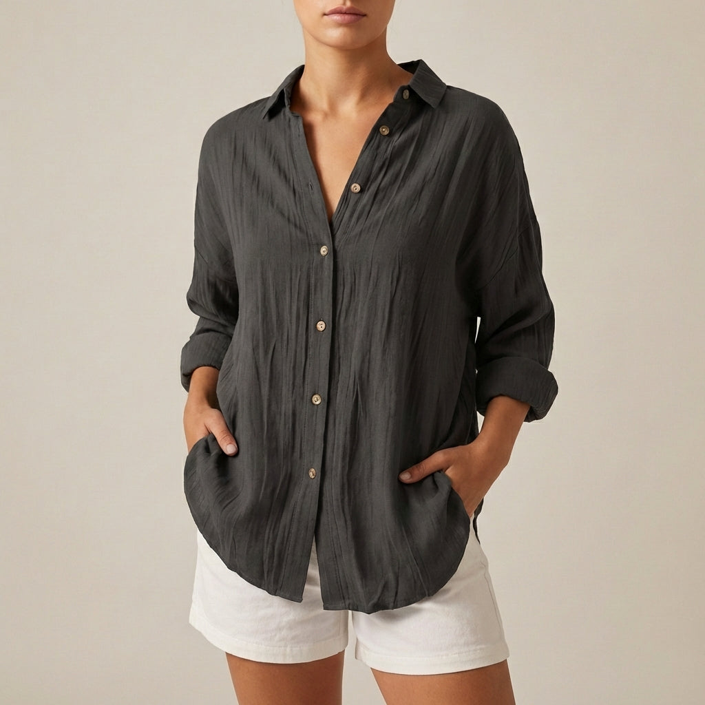 Linen Longline Shirt Relaxed Fit Pleated Button Up - 
Fashinoza