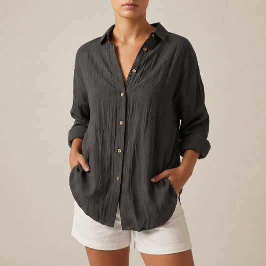 Linen Longline Shirt Relaxed Fit Pleated Button Up - 
Fashinoza