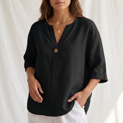 Women's Cotton Blouse V-Neck Cuffed Sleeves - 
Fashinoza