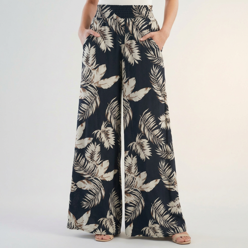 Women's Tropical Print Palazzo Pants Ruched Waist - 
Fashinoza