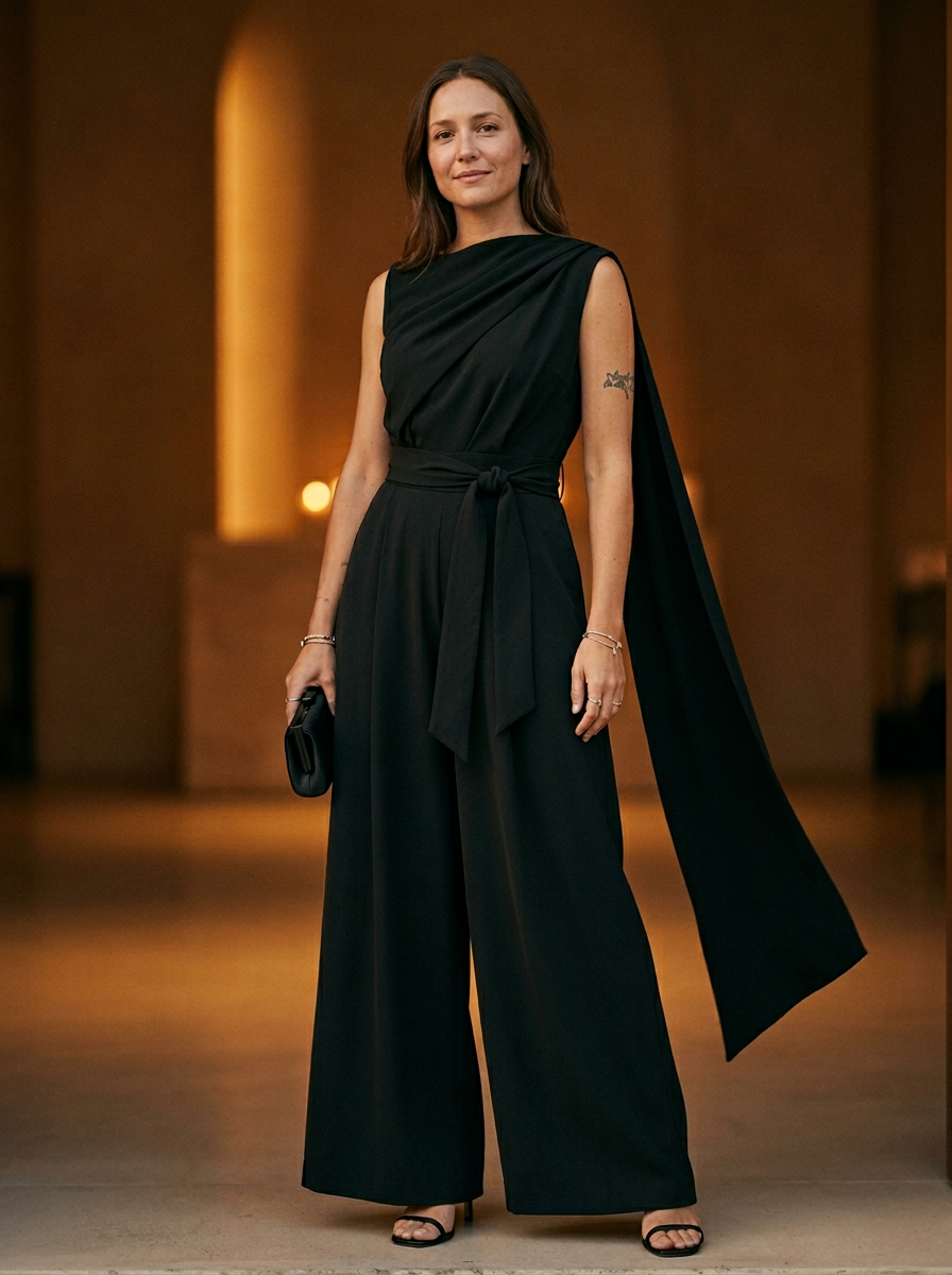 Women's Cowl Neck Jumpsuit Wide Leg Belted Waist - 
Fashinoza