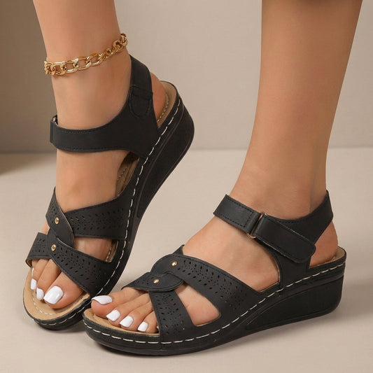 Womens Perforated Wedge Sandals Adjustable Ankle Strap Platform Sole - 
Fashinoza