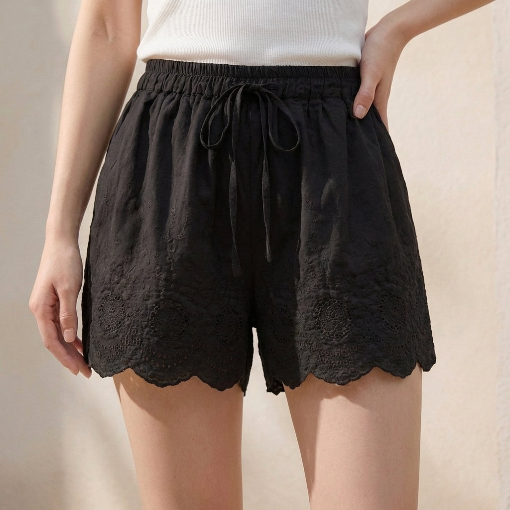 Women's Embroidered Lace Shorts Drawstring Waist