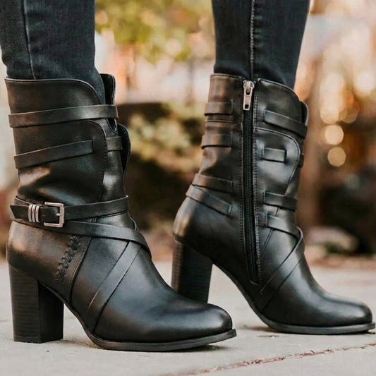 Women's Mid Calf Boots Leather Comfortable Brown - 
Fashinoza