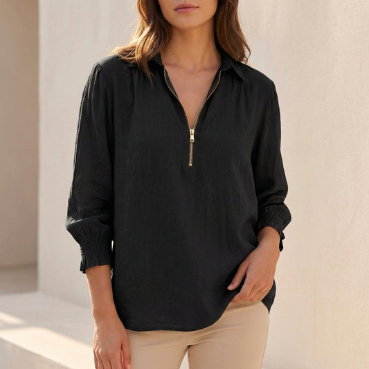 Women's Linen Oversized Zip Blouse Relaxed Fit - 
Fashinoza