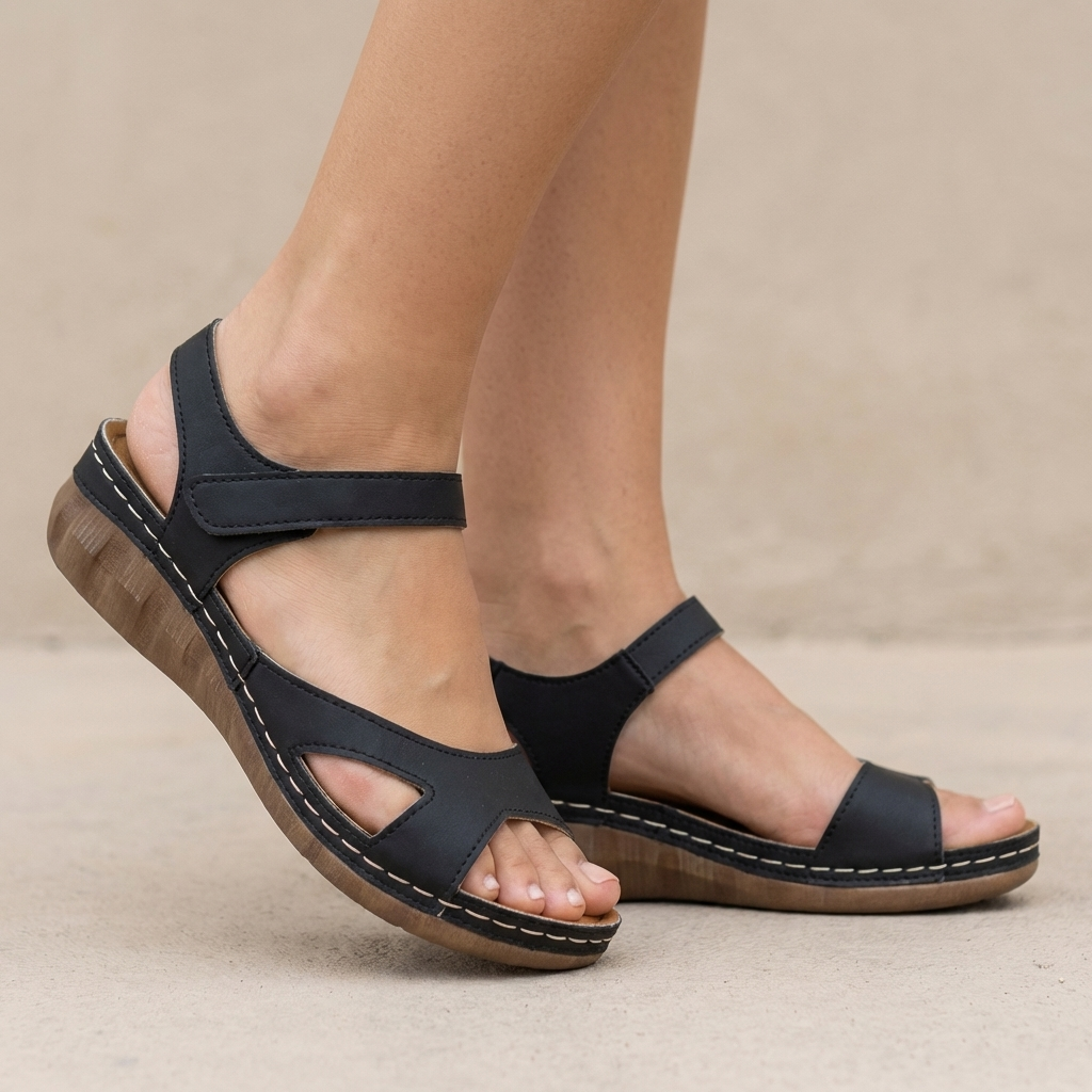 Women's Contoured Wedge Sandals Adjustable Ankle Strap Cut-Out Detail - 
Fashinoza