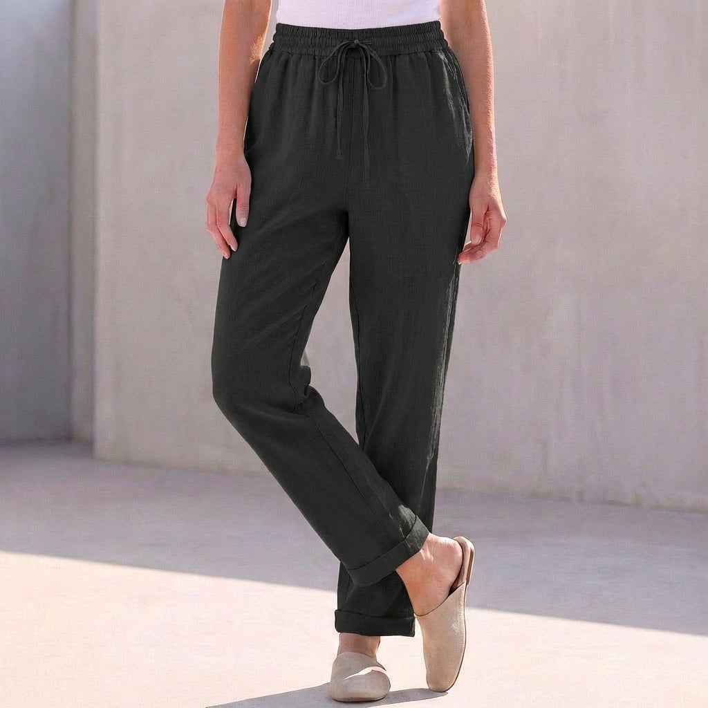Relaxed Fit Cotton Linen Ankle Pants Drawstring Waist - 
Fashinoza