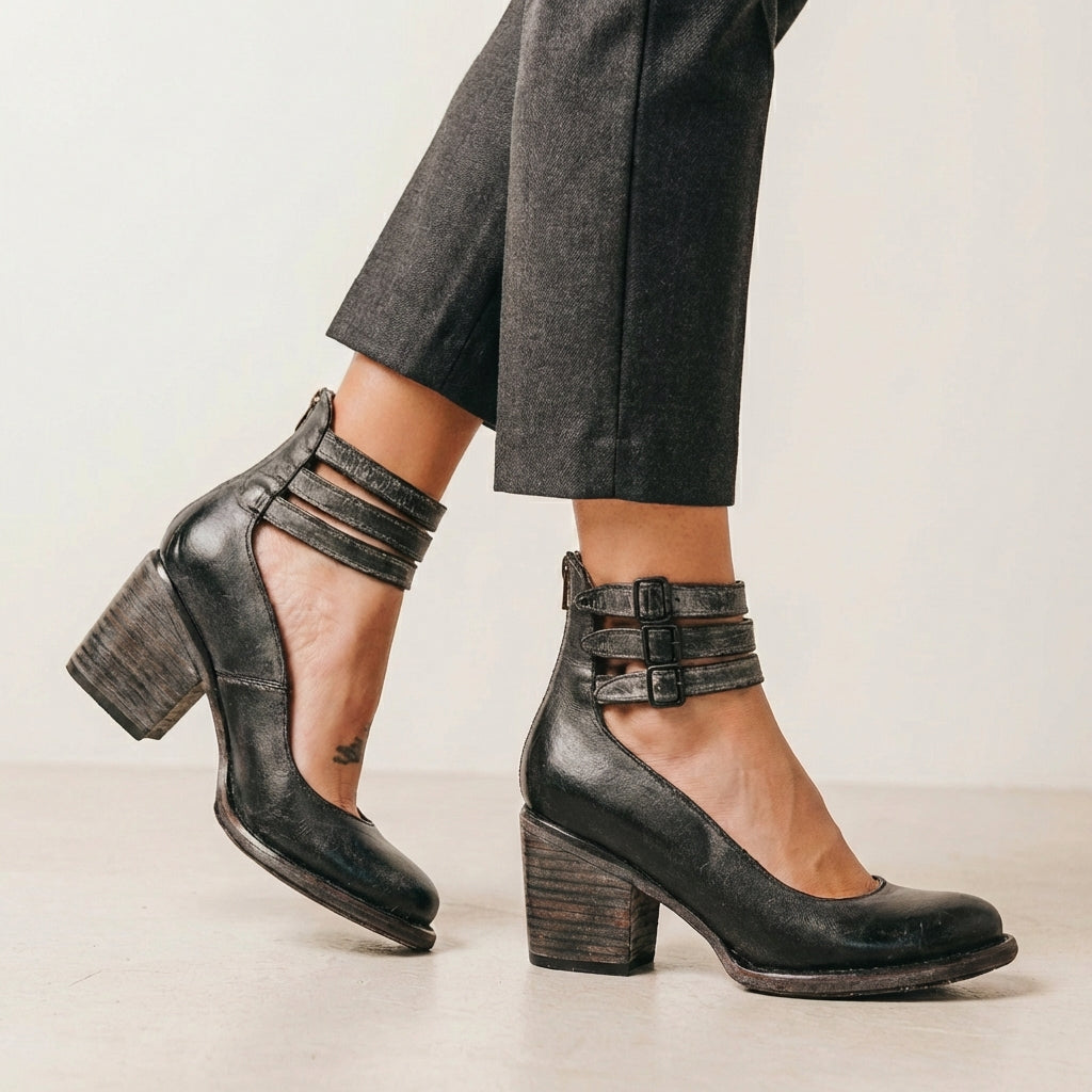 Vegan Leather Block Heel Pumps With Buckle Ankle Strap