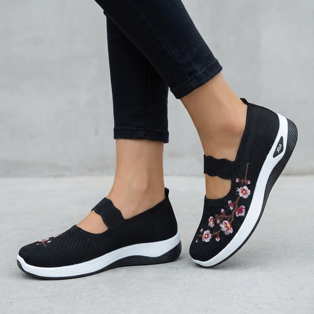 Women's Knit Mary Jane Flats Floral Embroidery - 
Fashinoza