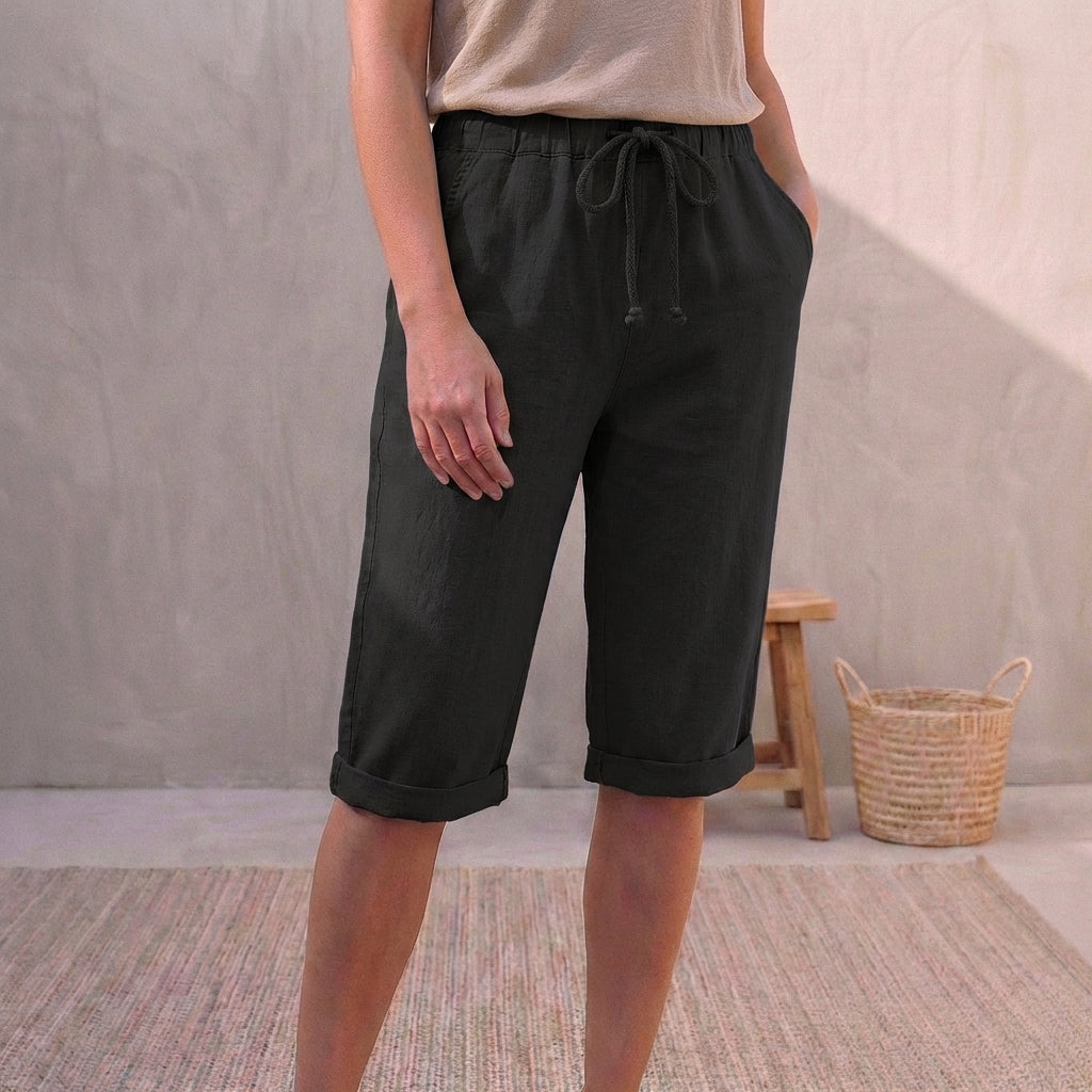 Linen Capri Pants Relaxed Fit Drawstring Waist Cuffed Hem