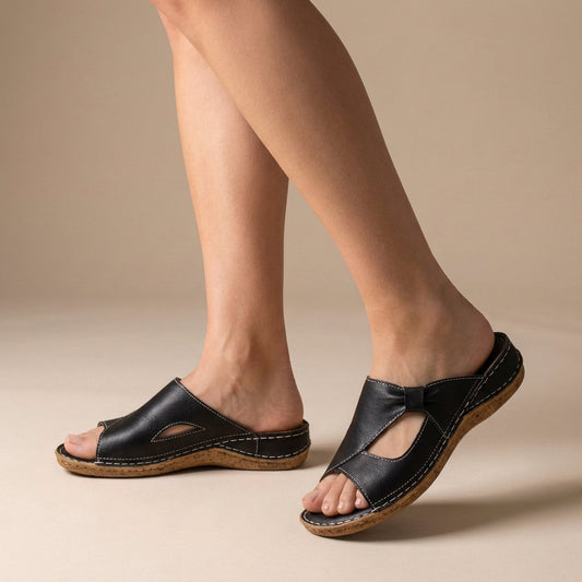 Leather Orthopedic Slip-On Sandals with Bow Detail - 
Fashinoza