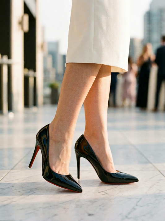 Women's Stiletto Pumps Glossy Pointed Toe Black - 
Fashinoza