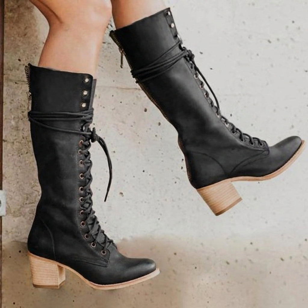 Women's Block Heel Knee-High Boots Lace-Up - 
Fashinoza