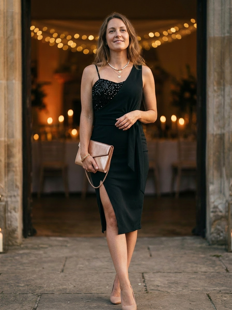 Women's Sequined Bodycon Dress Draped Bodice Slit