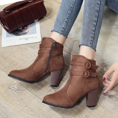 Black Ankle Boots for Women – Stylish Retro Belt Buckle Design