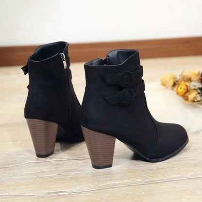 Black Ankle Boots for Women – Stylish Retro Belt Buckle Design