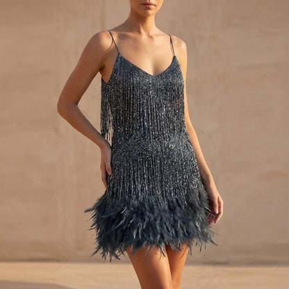 Women's Fringe Mini Dress Feather Detail - 
Fashinoza