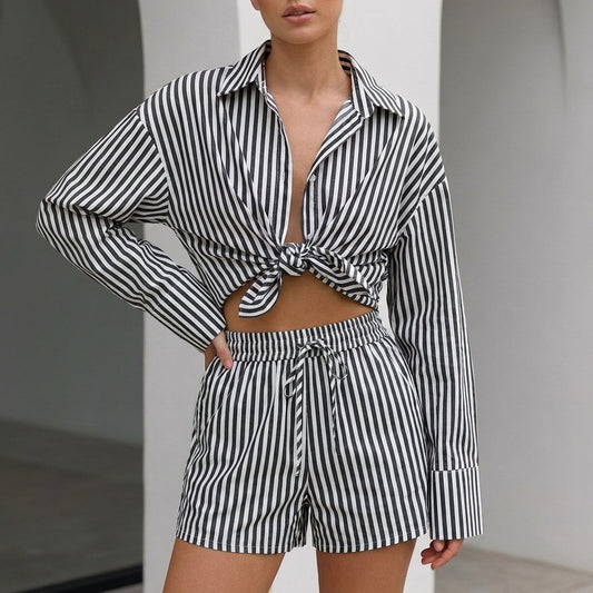 Women's Oversized Collared Shirt And Shorts Set - 
Fashinoza