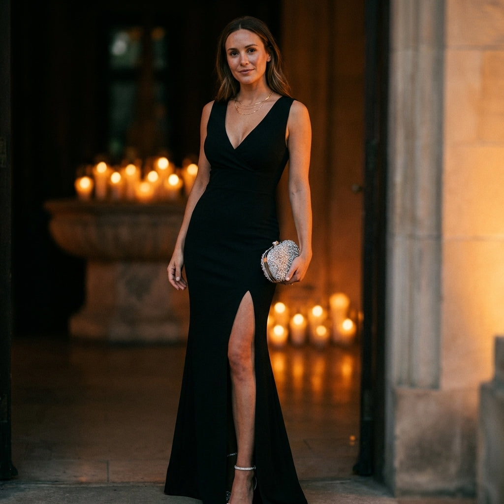 Women's Fitted Maxi Dress V-Neck Wrap High Slit