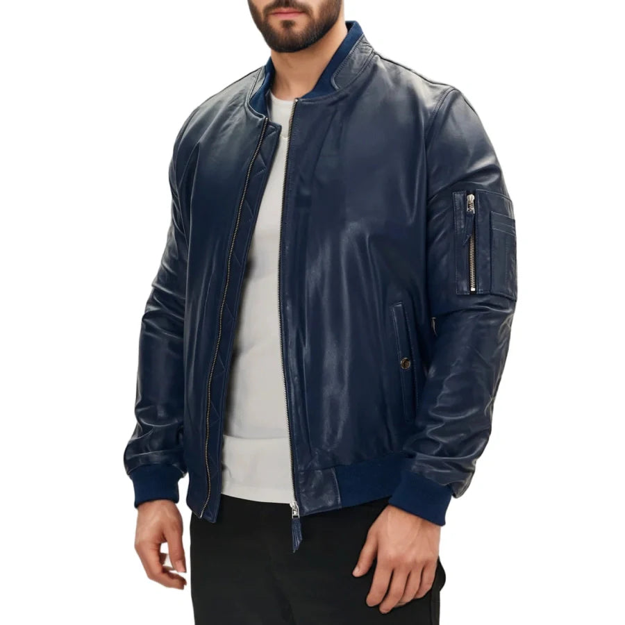Blaze Men's Leather Bomber Jacket Blue - Fashinoza
