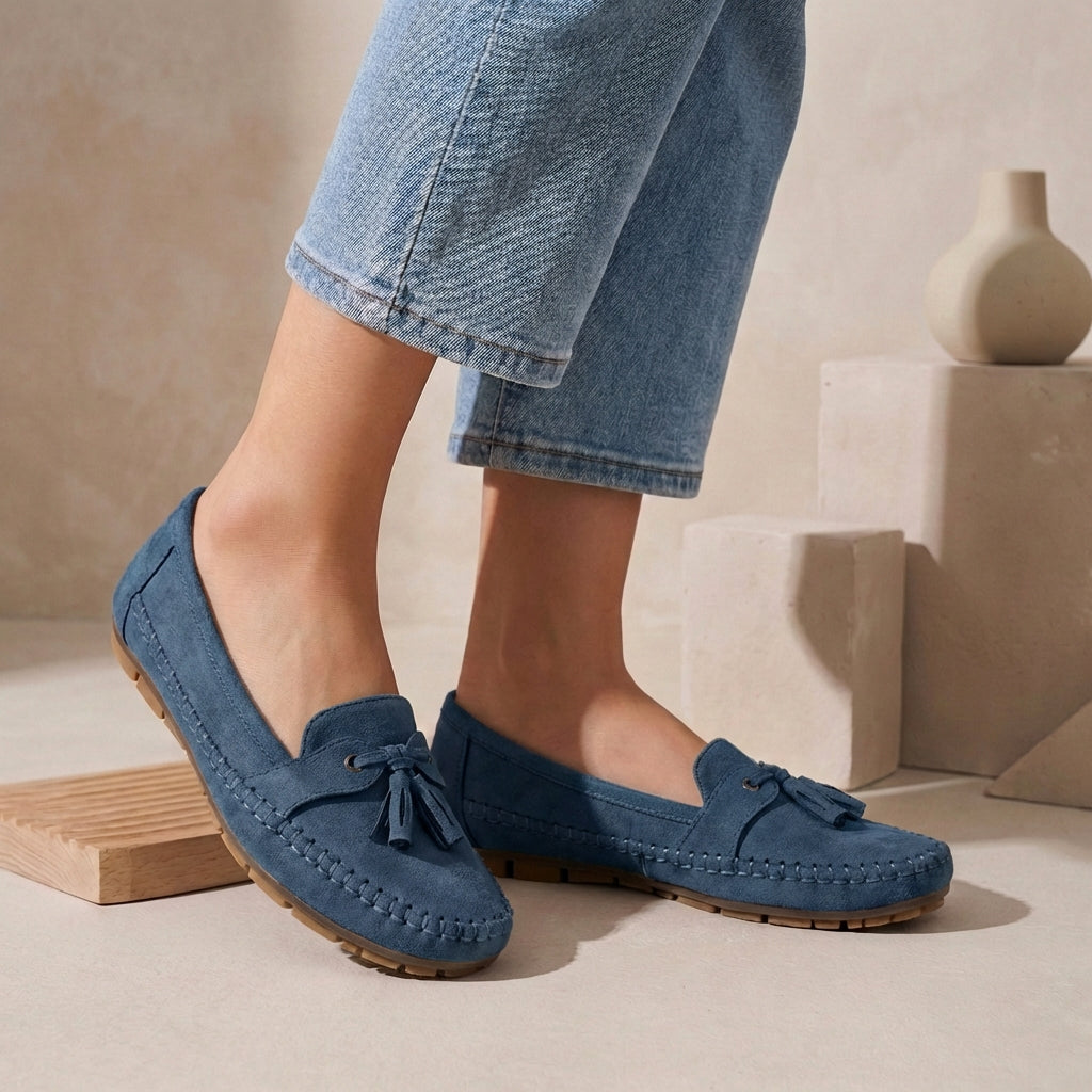 Suede Slip-On Loafers Moccasin Stitching Brown