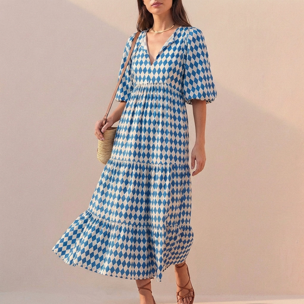 Women's V-Neck Midi Dress Puff Sleeves Tiered Skirt - 
Fashinoza