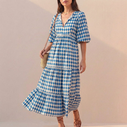 Women's V-Neck Midi Dress Puff Sleeves Tiered Skirt - 
Fashinoza