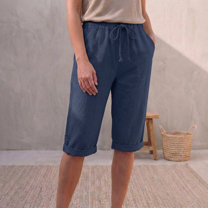 Linen Capri Pants Relaxed Fit Drawstring Waist Cuffed Hem