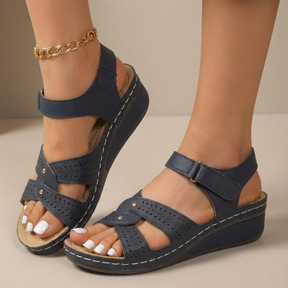 Womens Perforated Wedge Sandals Adjustable Ankle Strap Platform Sole
