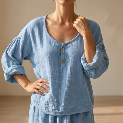 Women's Cotton Blend Blouse Relaxed Fit V-Neck Textured Sleeves