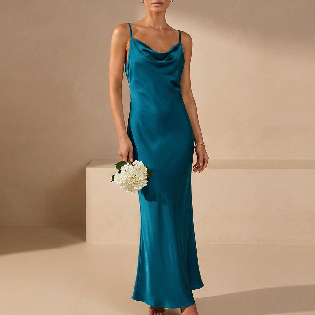 Women's Satin Maxi Dress Cowl Neck Spaghetti Straps Evening Black