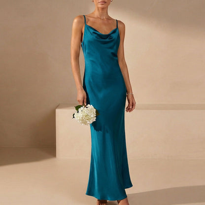 Women's Satin Maxi Dress Cowl Neck Spaghetti Straps Evening Black