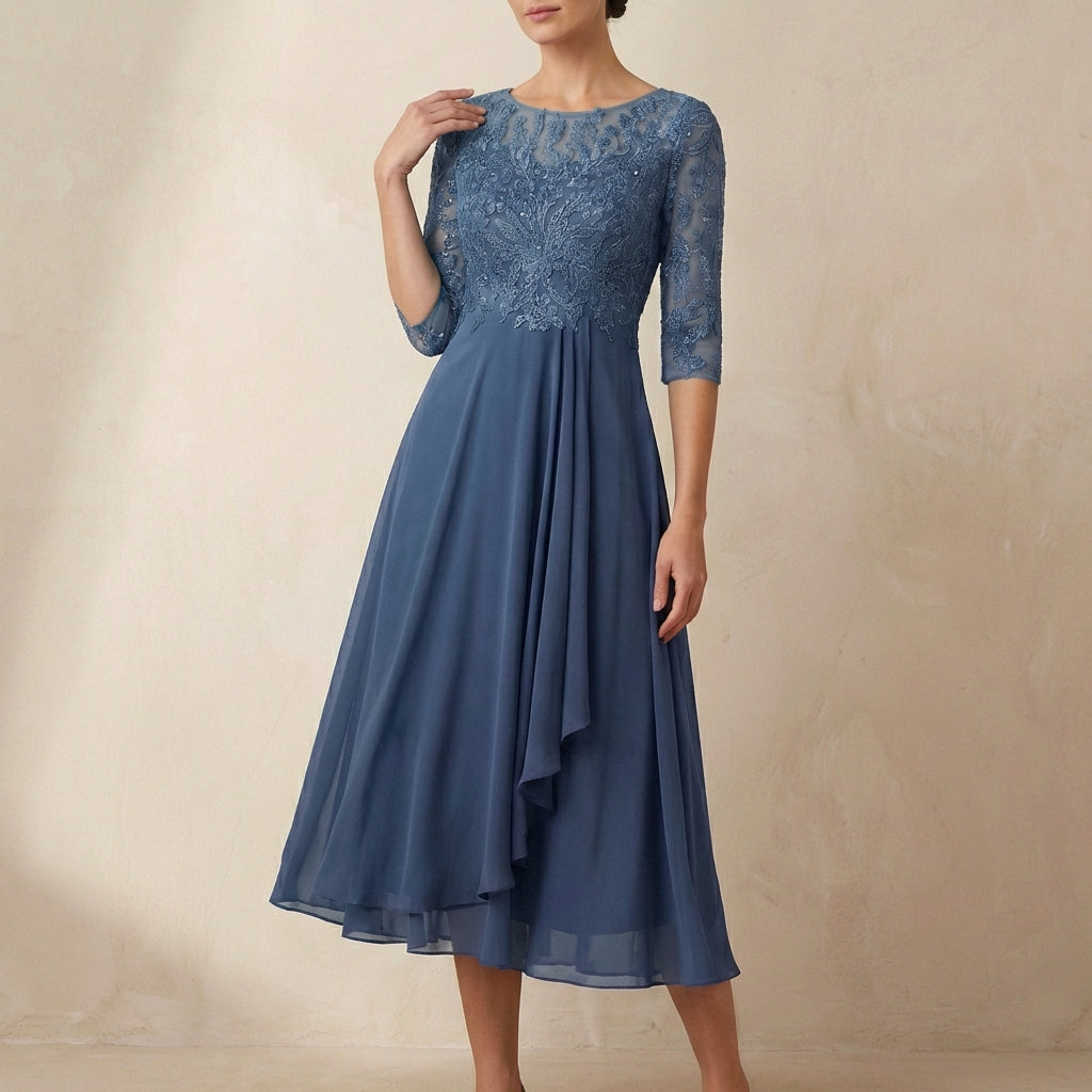 Women's Embroidered Midi Dress Sheer Sleeves Pockets