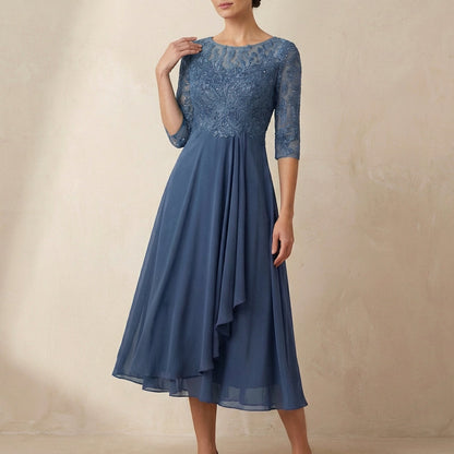 Women's Embroidered Midi Dress Sheer Sleeves Pockets