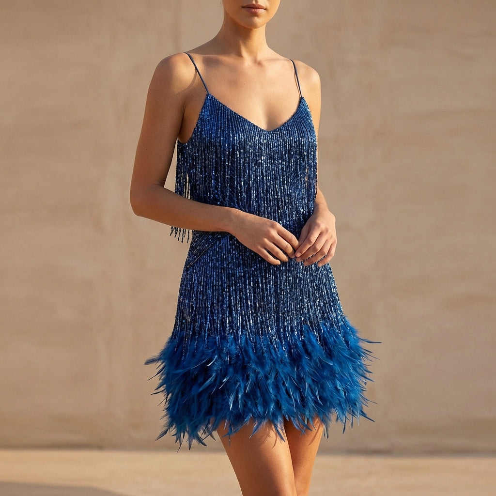 Women's Fringe Mini Dress Feather Detail