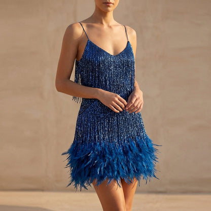 Women's Fringe Mini Dress Feather Detail