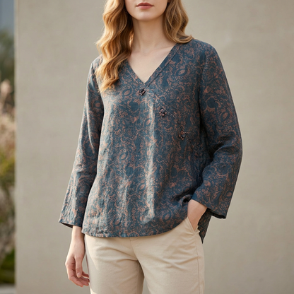 Women's Relaxed Fit Blouse V-Neck High-Low Hem - 
Fashinoza
