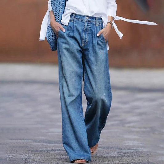 Women's Pleated Wide Leg Jeans Comfortable - 
Fashinoza