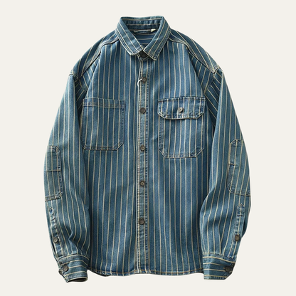 Men's Denim Shirt Jacket Vertical Stripe Blue - Fashinoza
