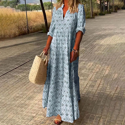 Women's Maxi V-Neck Long Sleeve Boho Dress