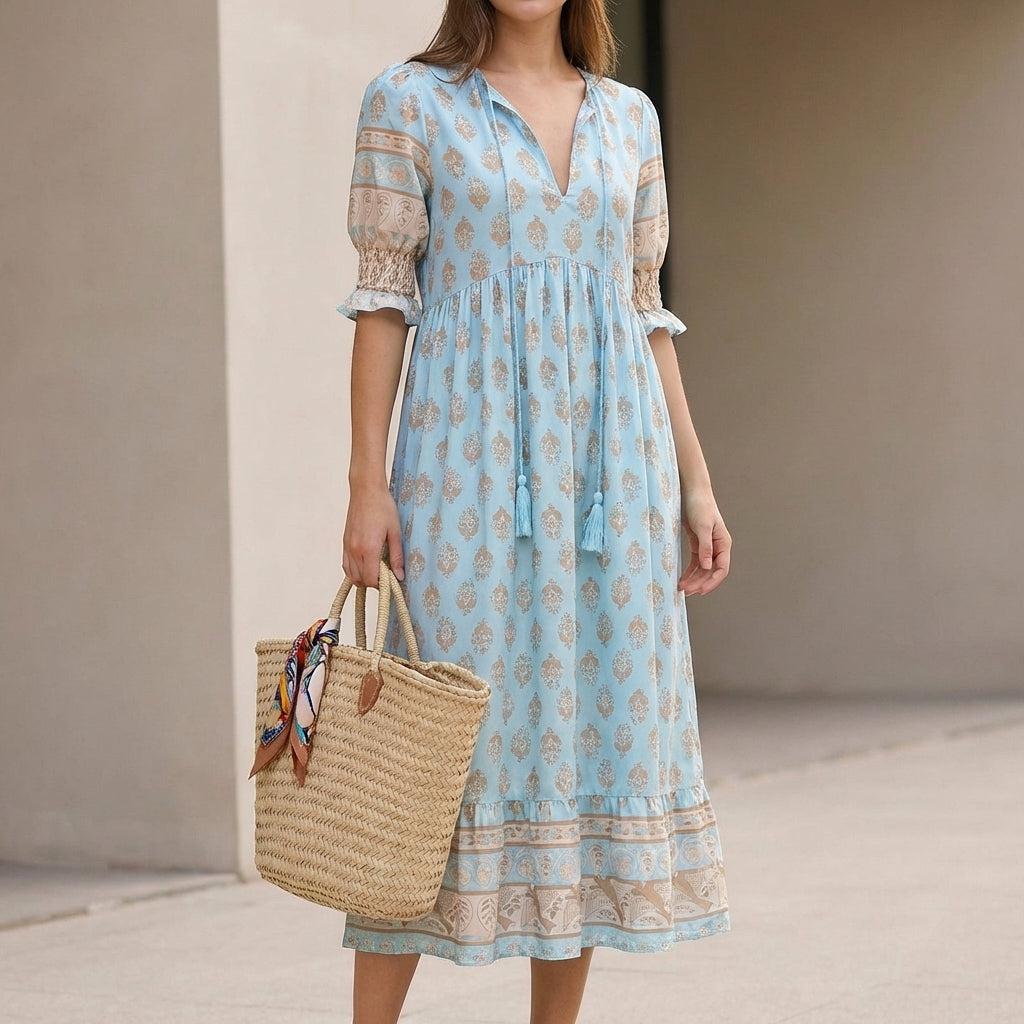 Women's V-Neck Maxi Dress Lantern Sleeves Tiered Skirt - 
Fashinoza