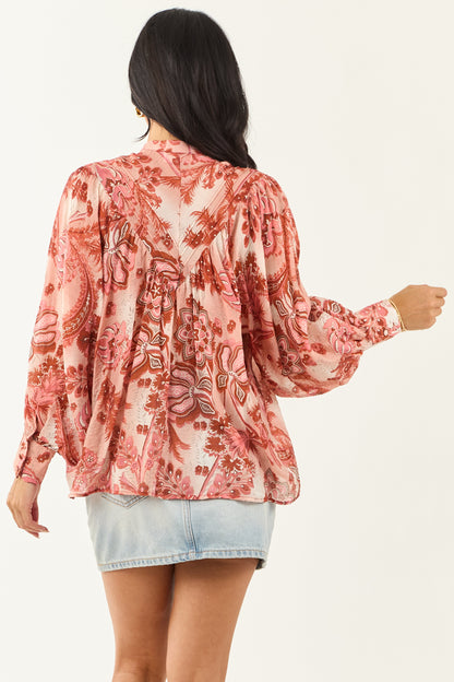 Women's Blush Floral Print Button-Down Pleated