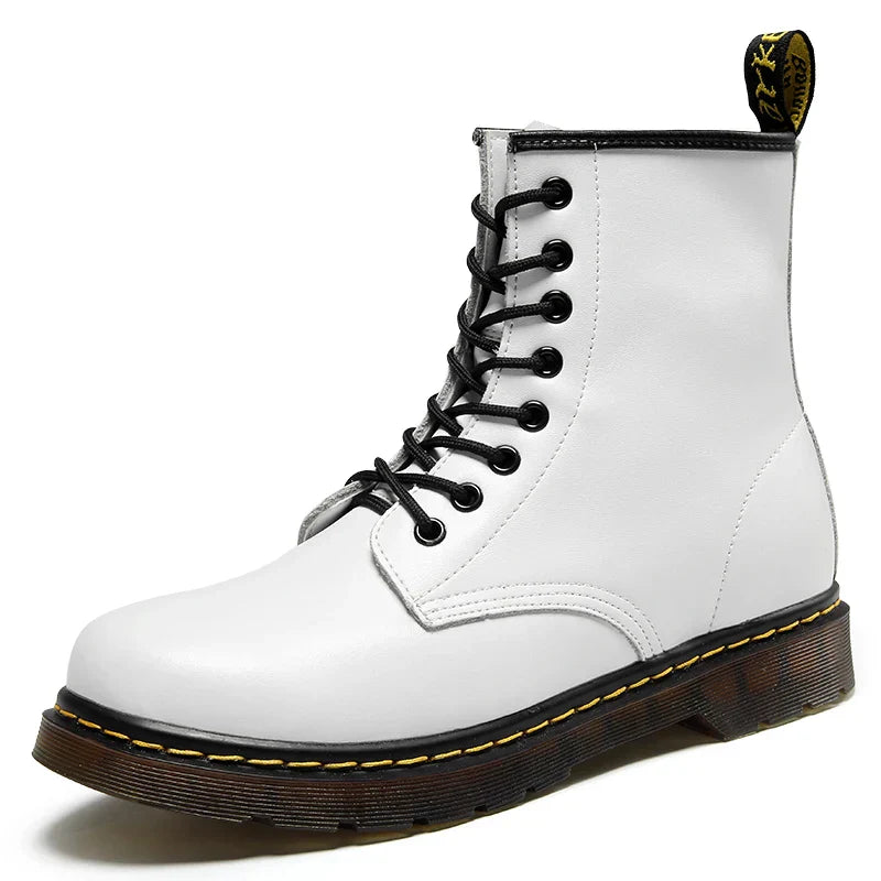 Unisex Genuine Leather Ankle Boots Fleece Lined Platform Motorcycle Boots