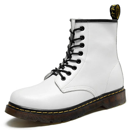 Unisex Genuine Leather Ankle Boots Fleece Lined Platform Motorcycle Boots