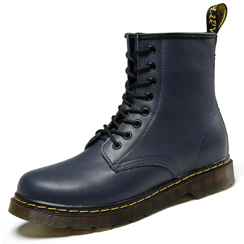 Unisex Genuine Leather Ankle Boots Fleece Lined Platform Motorcycle Boots