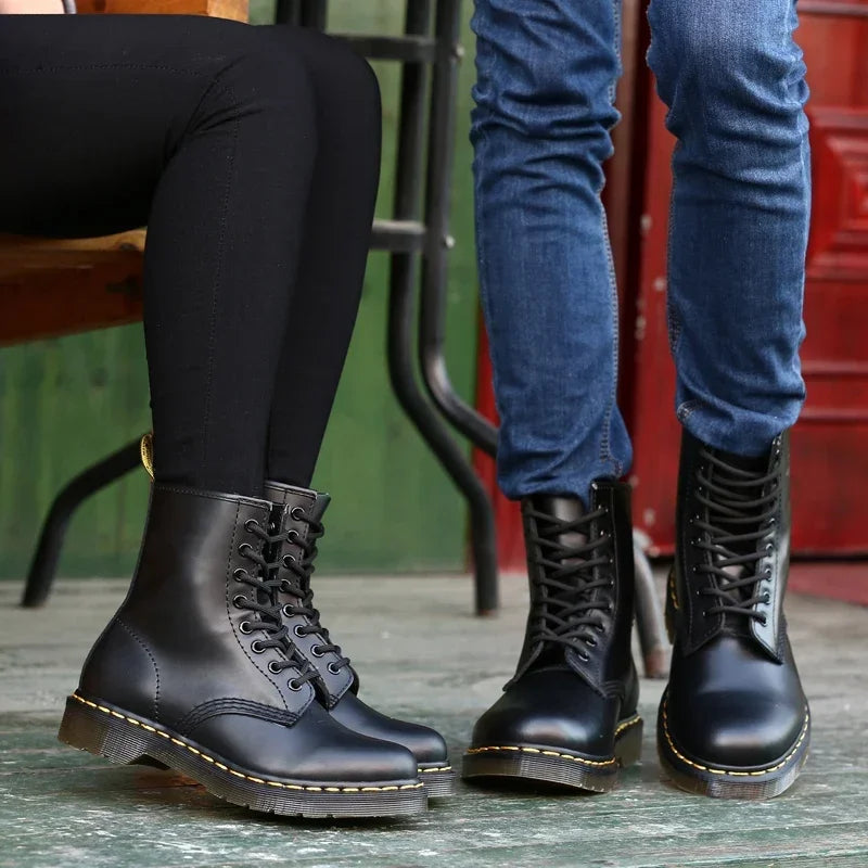 Unisex Genuine Leather Ankle Boots Fleece Lined Platform Motorcycle Boots