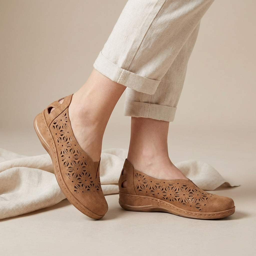 Women's Comfort Flats Breathable Leather Beige - 
Fashinoza