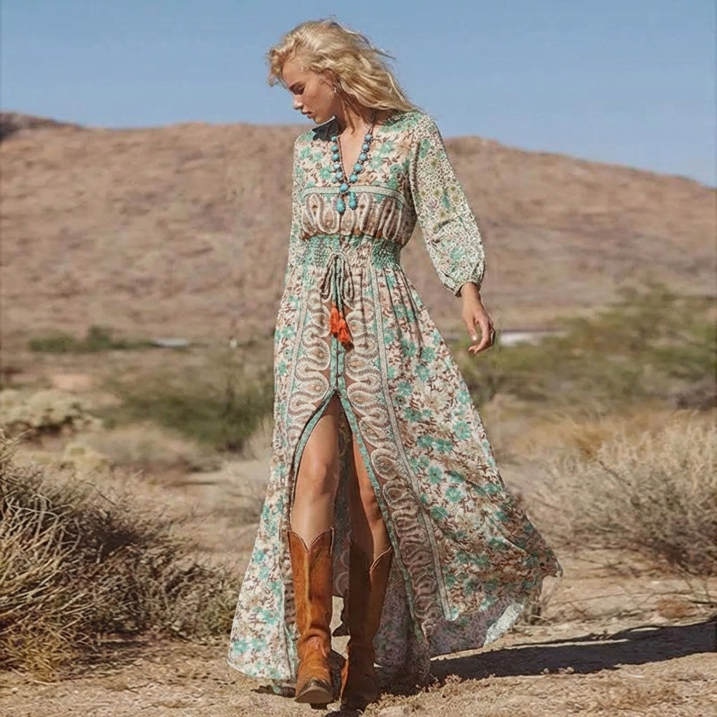 Women's V-Neck Floral Maxi Dress Boho Style - 
Fashinoza