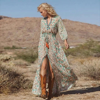 Women's V-Neck Floral Maxi Dress Boho Style - 
Fashinoza