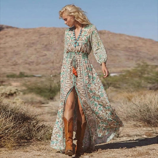 Women's V-Neck Floral Maxi Dress Boho Style - 
Fashinoza